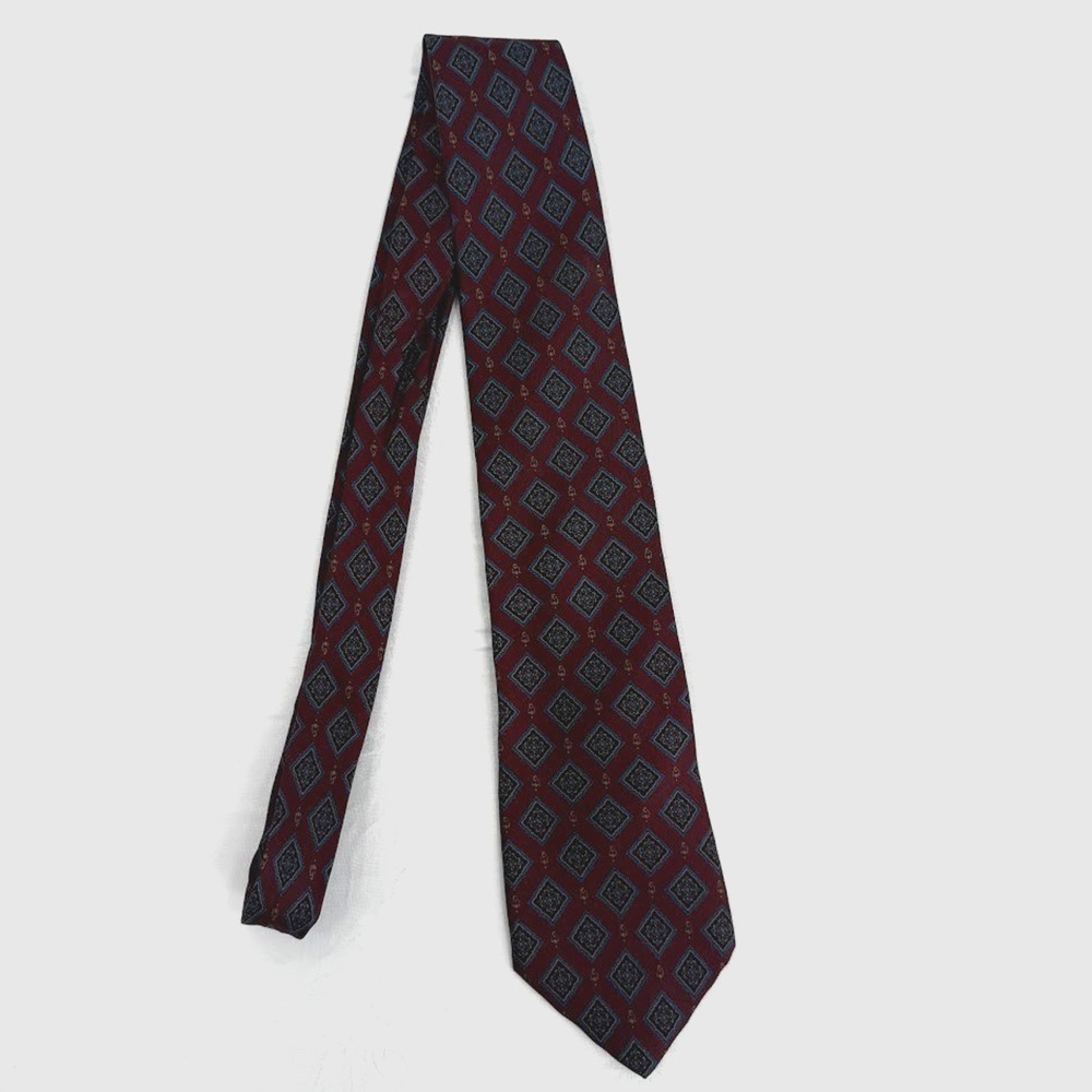 Vintage Brass & Leather by Jadeo Silk Tie Made in Italy Burgundy Geometric Medal